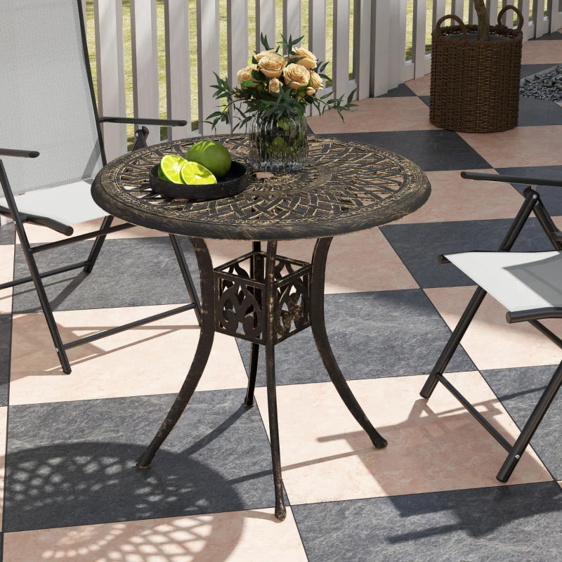 78 cm Round Bronze Tone Garden Dining Table with Parasol Hole - Antique Cast Aluminium Outdoor Table