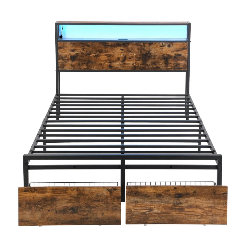 Metal Double Bed with LED Light Strip, 4 Drawers & 3 USB Ports - Black & Dark Walnut, 207.5x135x105 cm