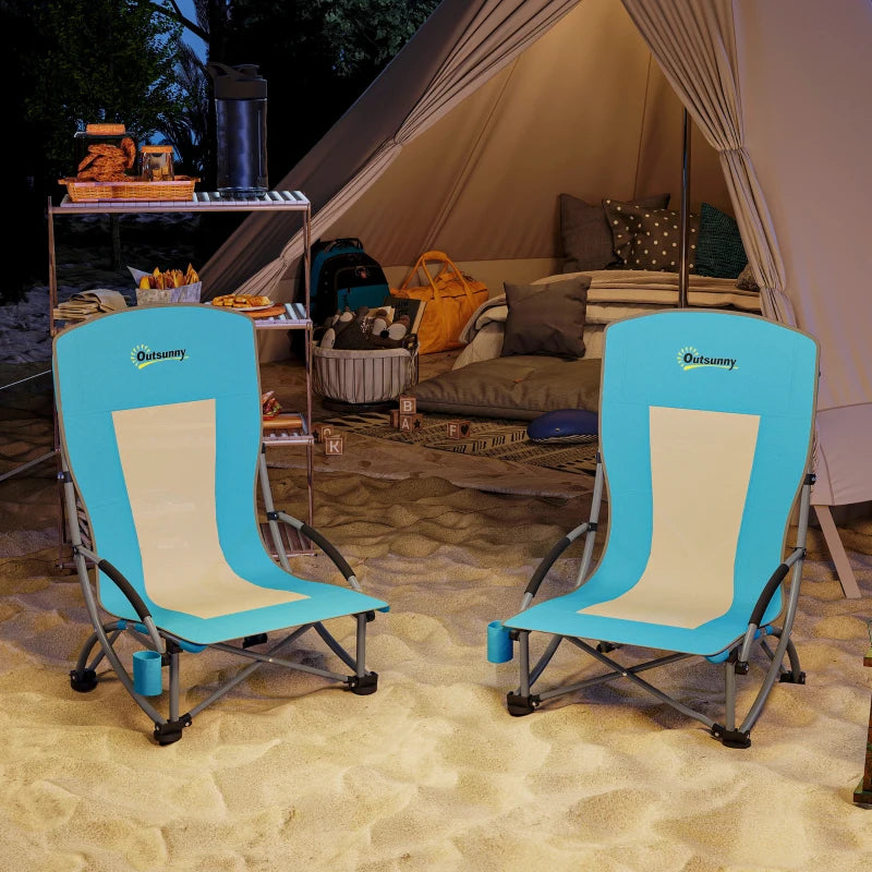 Set of 2 Low Folding Beach Chairs with Mesh Back Carry Bag and Cup Holder for Outdoor Camping Garden Picnic Travel Blue