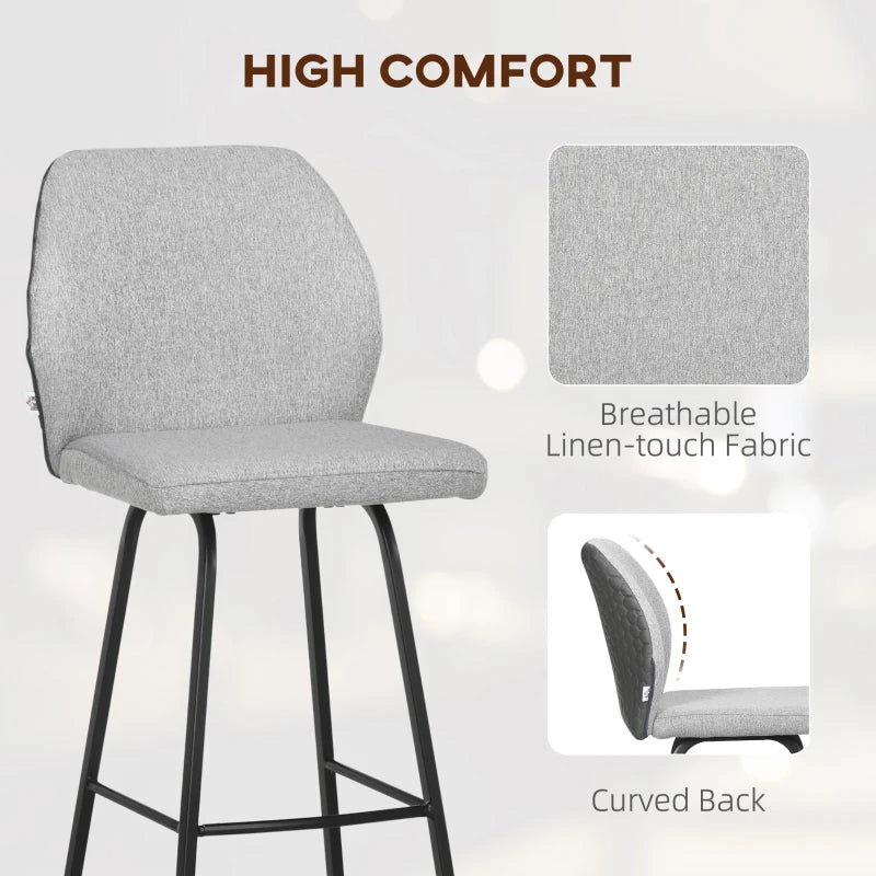 Set of 4 Linen-Touch Upholstered Bar Stools with Backs, Steel Legs - Light Grey Kitchen Chairs for Dining Room