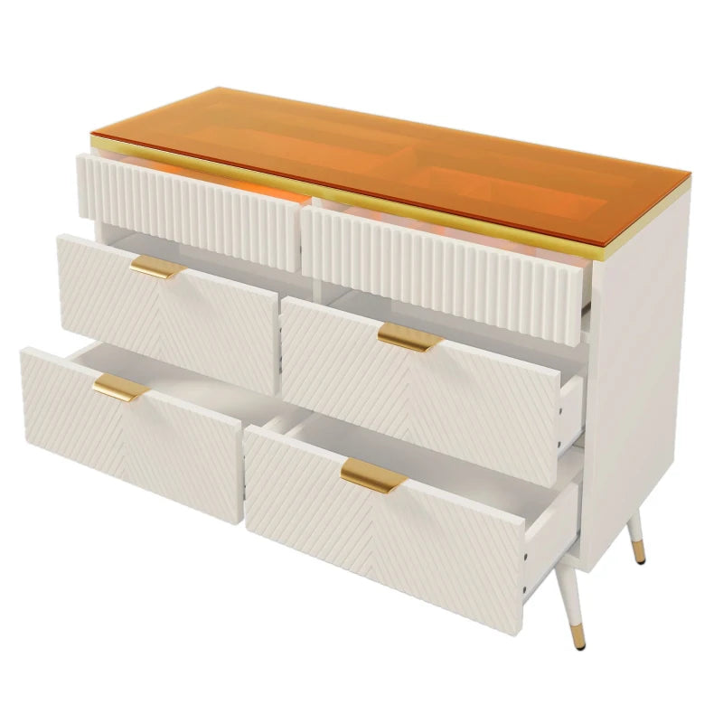 Modern Anti-Tip Sideboard Cabinet with 6 Drawers - Amber Glass & Wood Storage Chest for Living Room - 120x40x76 cm, White