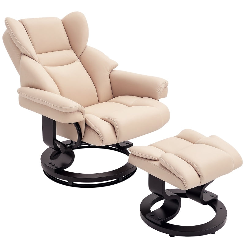 Cream Faux Leather Recliner Chair with Footstool, Swivel Armchair with Adjustable Backrest and Solid Wood Base for Living Room
