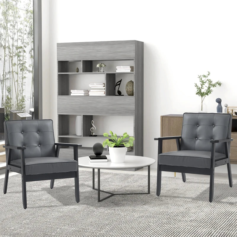 Set of 2 Grey PU Leather Accent Chairs with Beech Wood Frame for Living Room and Bedroom