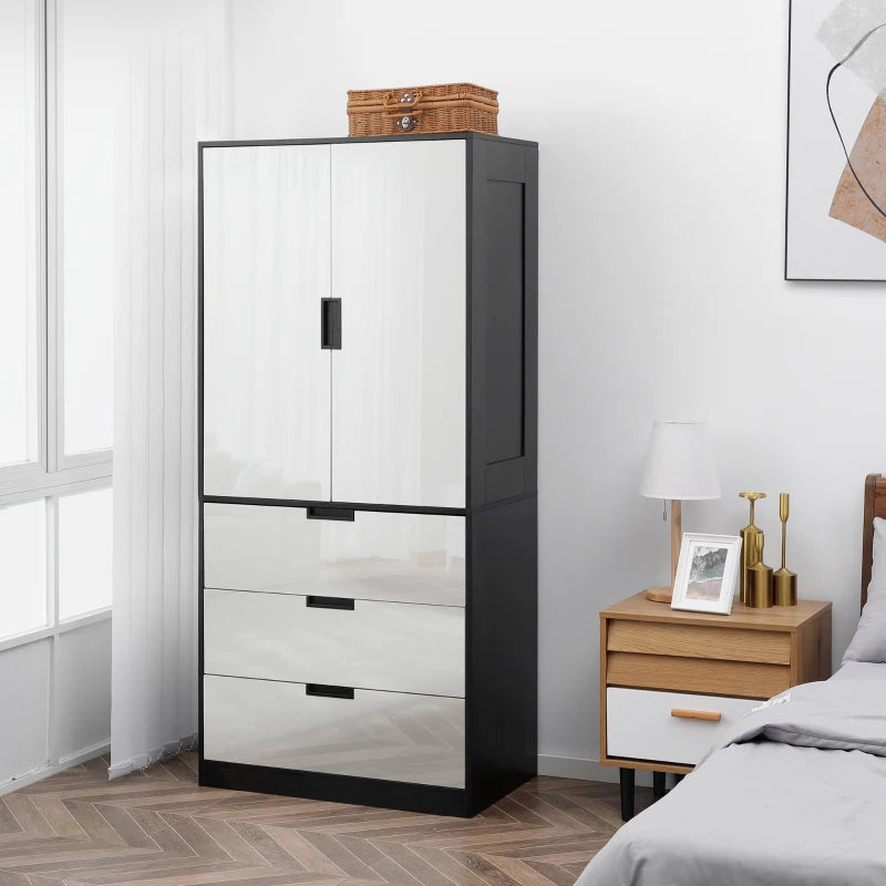Modern 2 Door Wardrobe with 3 Drawers and Hanging Rod for Stylish Bedroom Storage