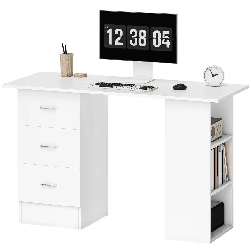 Modern White Computer Desk with 3 Storage Shelves & Drawers, Stylish Writing Table for Home Office, Silver Handle