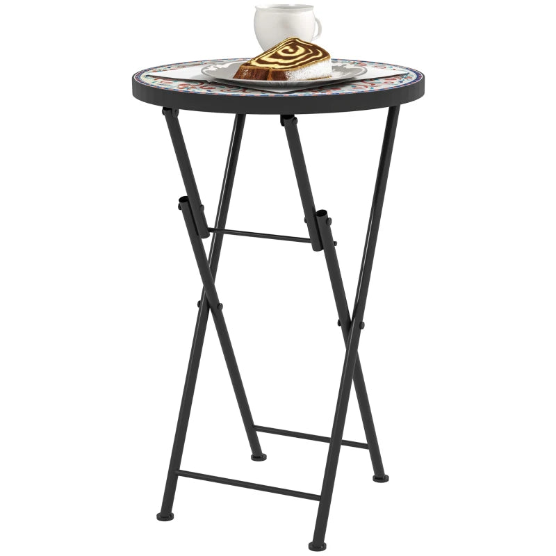 Mosaic Round Folding Garden Table, 35.5cm Metal Frame Coffee Table for Balcony, Multicolour