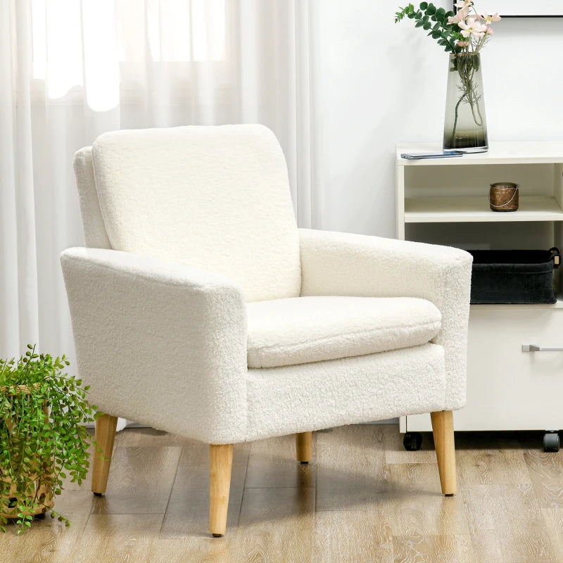 Upholstered Accent Armchair with Wooden Legs and Wide Padded Seat in Cream White, Teddy Fabric Occasional Chair