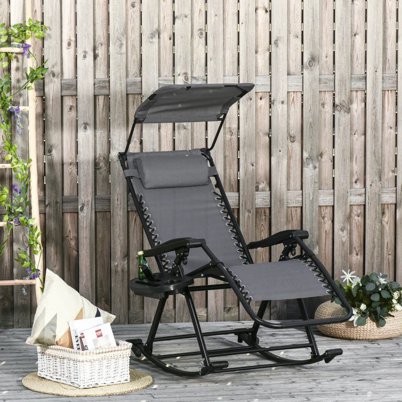 Grey Folding Rocking Sun Lounger Chair with Headrest and Side Holder
