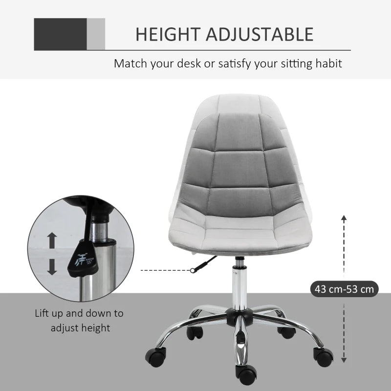 Vinsetto Ergonomic Velvet Office Chair - Adjustable Height, Armless Design, Wheels - Stylish Grey Executive Chair for Home & Study