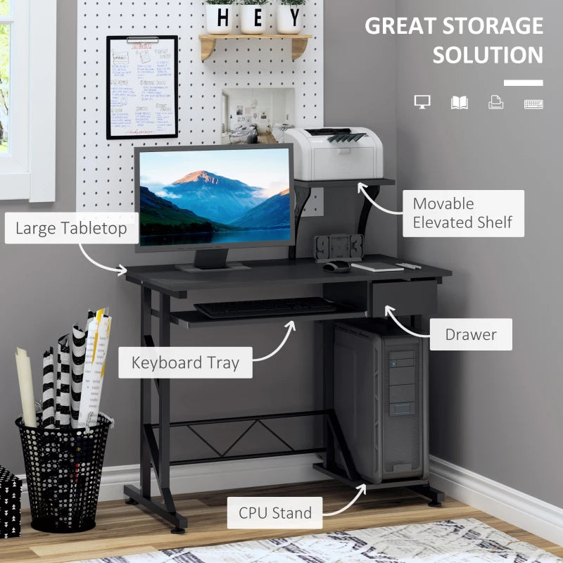 Modern Black Computer Desk with Display Stand, Sliding Keyboard Tray, and Host Box Shelf for Home Office Workstation