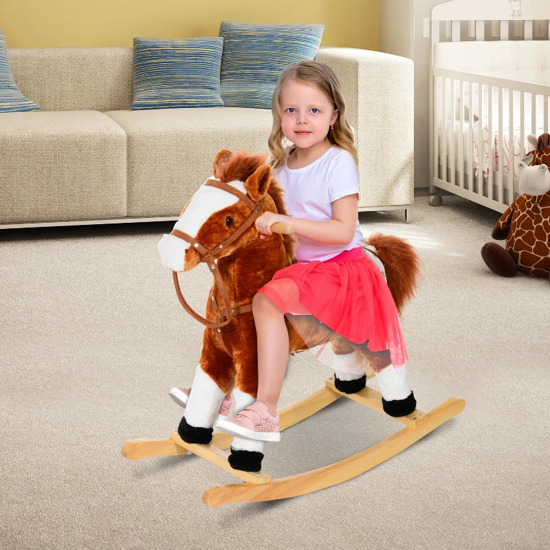 Plush Baby Rocking Horse Ride-On Toy with Sound Handle Grip for Kids Ages 3-6 - Brown Soft Animal
