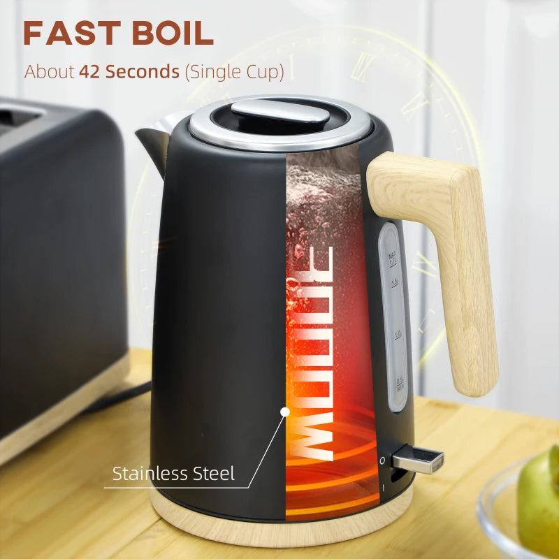 Stainless Steel Kettle & Toaster Set - 1.7L Fast Boil Kettle 3000W & 2 Slice Toaster with 7 Browning Levels, Black