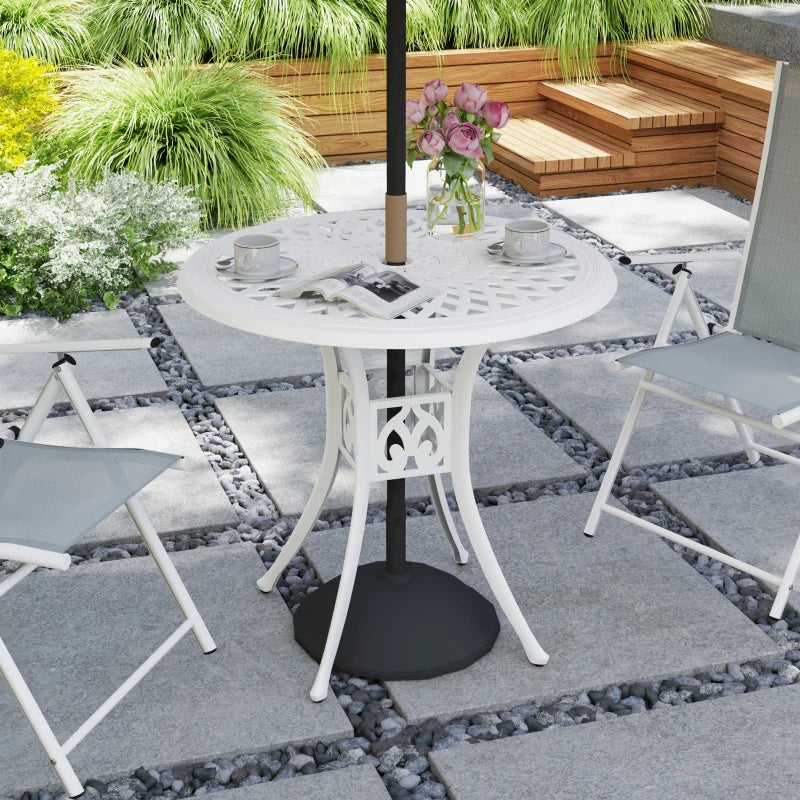 78 cm White Round Garden Dining Table with Parasol Hole - Antique Cast Aluminium Outdoor Table