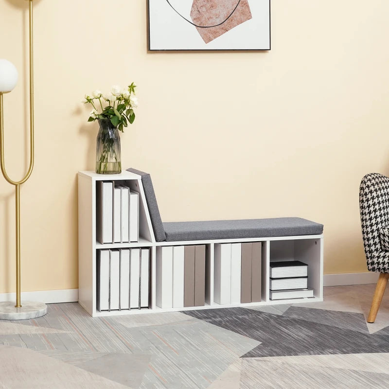 Stylish White Bookcase Storage Shelf with Cushioned Reading Seat - Perfect Bookshelf Cabinet for Study & Living Room