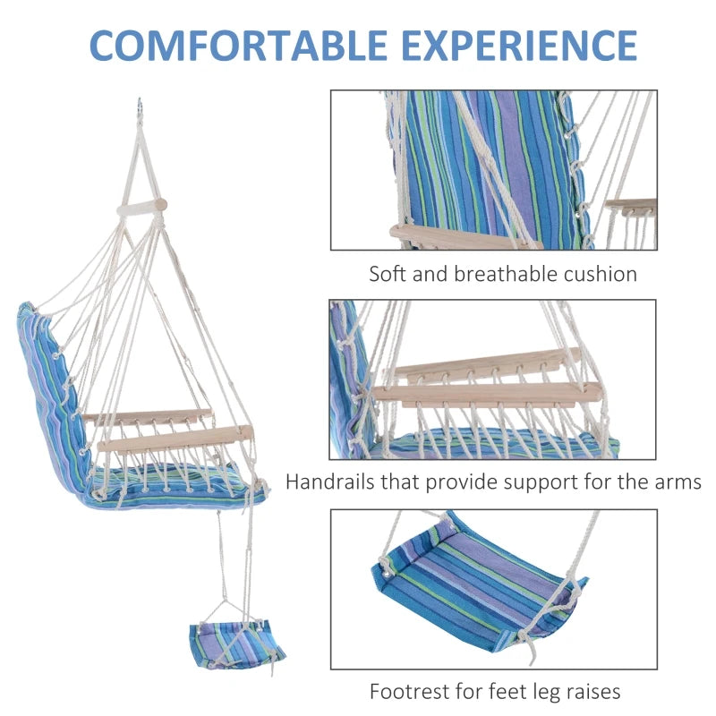 Blue Hanging Rope Hammock Chair with Padded Seat & Backrest