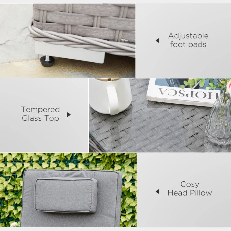 Grey Rattan Sun Lounger Set with Side Table