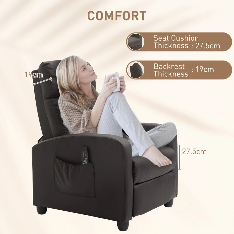 Massage Recliner Armchair in Faux Leather with Adjustable Leg Rest and Side Pocket for Living Room, Brown