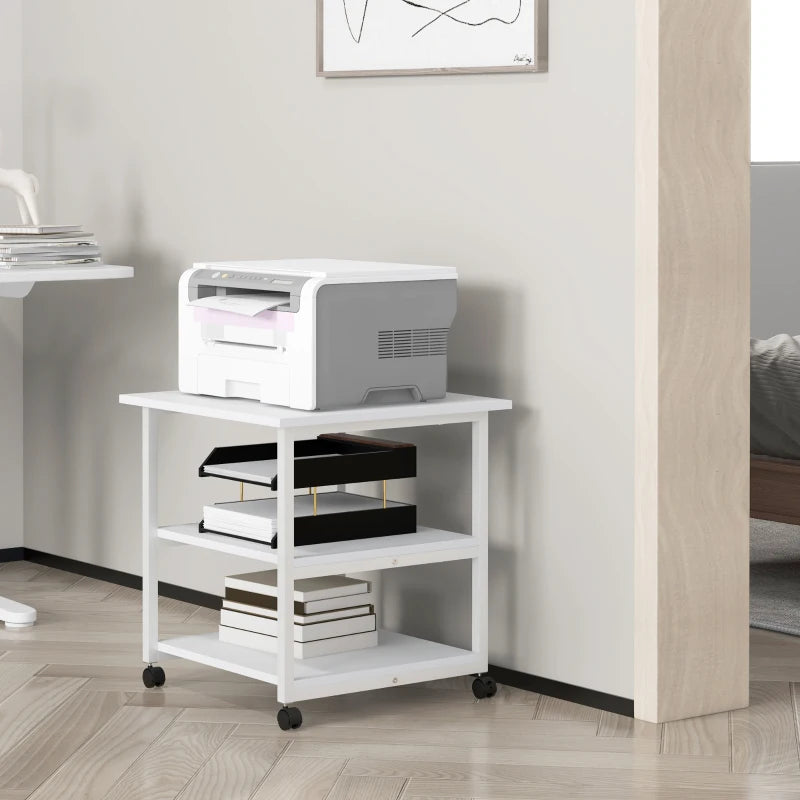 Three-Tier White Steel Printer Stand on Wheels - Mobile Storage Solution for Home Office & Workspace Organization