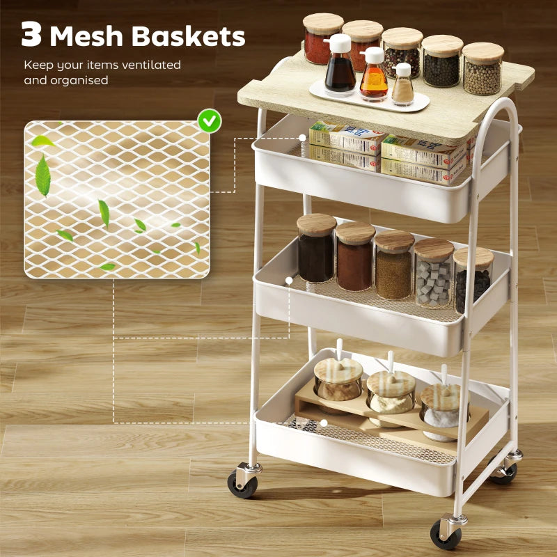 3-Tier Kitchen Storage Trolley on Wheels with Cover Top Board - Stylish White and Oak Design for Easy Organization