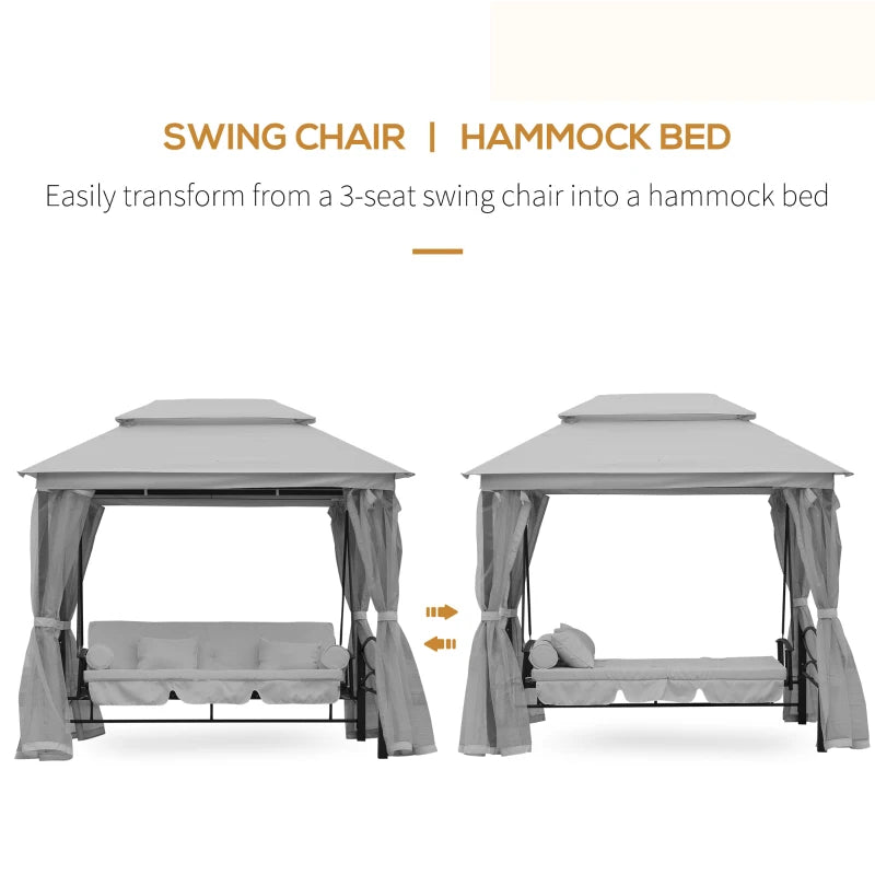 3 Seater Outdoor Swing Bed with Canopy, Cushioned Seat - Light Grey