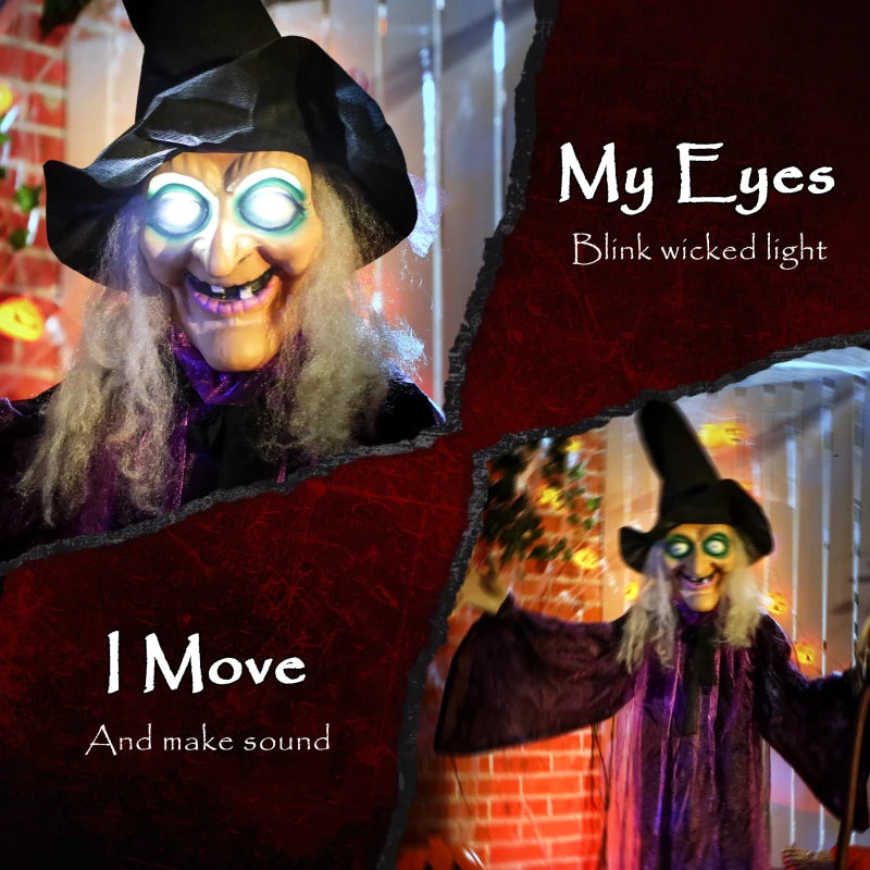 6ft Animated Witch Decoration with Sound - Spooky Purple & White Halloween Prop for Indoor/Outdoor Use