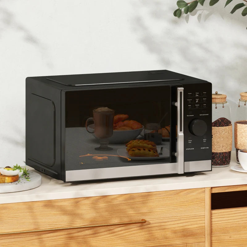 Compact 800W Black Microwave Oven - Digital Solo, 10 Power Levels, 8 Auto Cook Menus, 60 Min Timer, Easy Clean