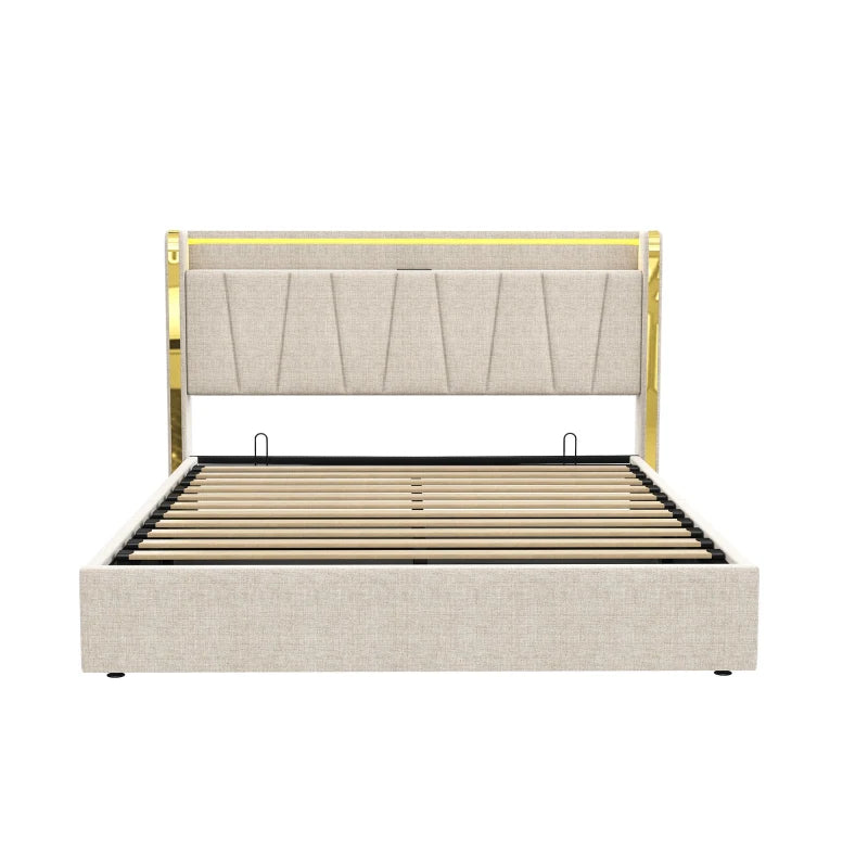 Double Upholstered Bed Frame with Hydraulic Storage and LED Headboard USB Type-C Charging Beige