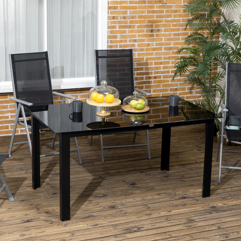 Black 6-Seater Outdoor Aluminium Dining Table with Glass Top