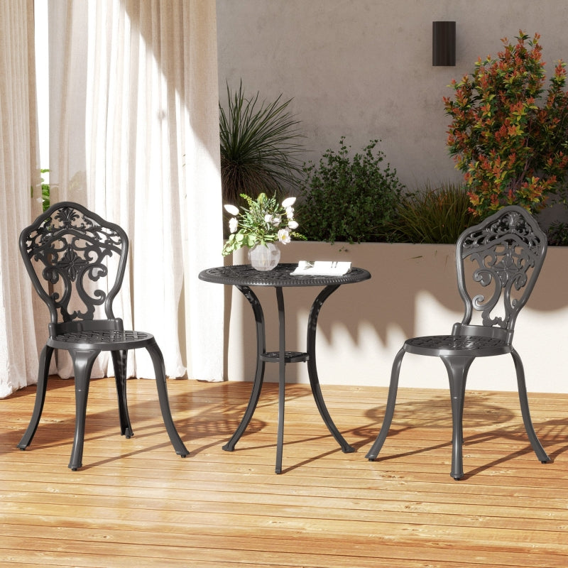 3 Piece Black Cast Aluminium Garden Bistro Set for 2 - Outdoor Coffee Table Set with Parasol Hole, Includes 2 Armless Chairs and Round Coffee Table for Balcony and Patio