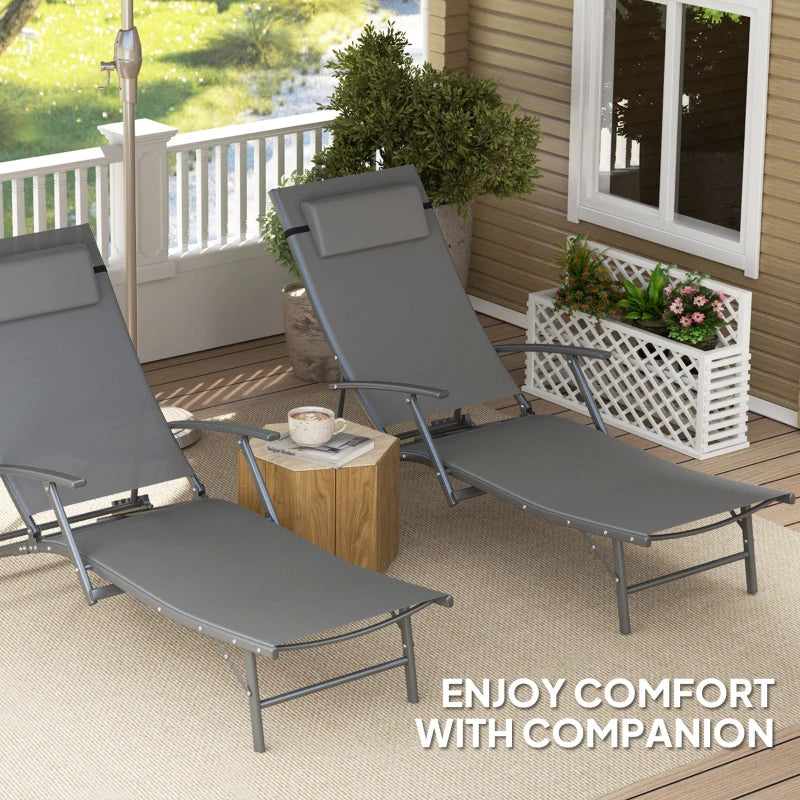 Set of 2 Grey Folding Sun Loungers - Adjustable 4 Position Outdoor Chaise Lounge Chairs with Armrests and Pillows - Steel Frame Sunbed Recliners for Garden, Patio, Beach and Poolside
