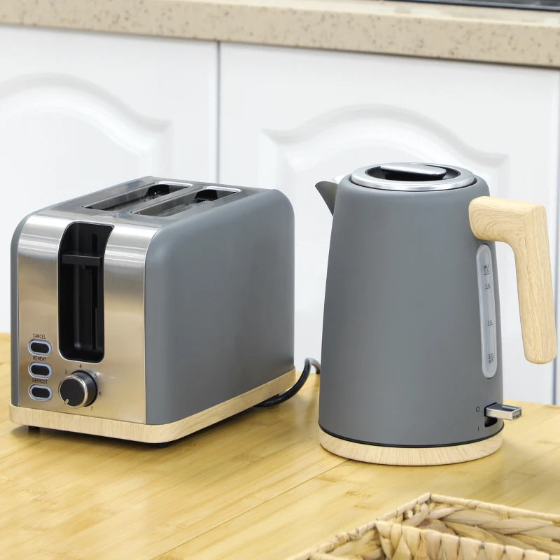 Stainless Steel Kettle & Toaster Set - 1.7L Fast Boil Kettle 3000W & 2 Slice Toaster with 7 Browning Levels, Grey