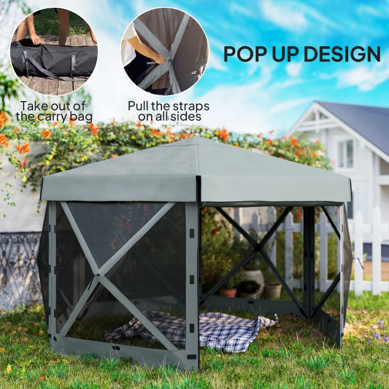3x3m Hexagon Pop Up Gazebo - Waterproof, UV Resistant Party Tent with Netting - Light Grey Instant Event Shelter with Carry Bag