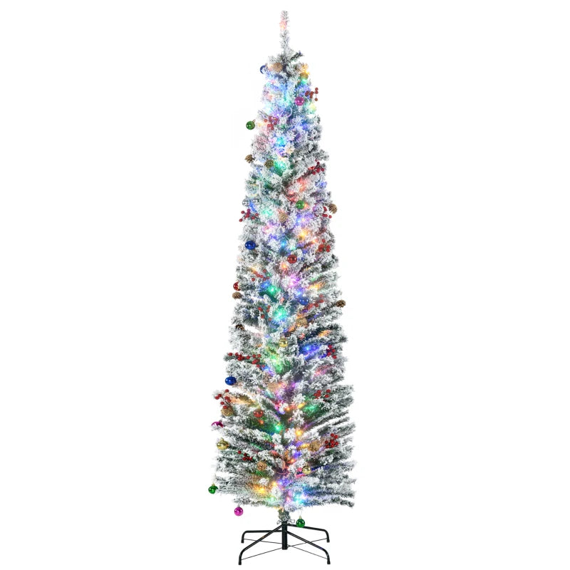 7.5' Prelit Artificial Christmas Tree with Colorful LED Lights, Flocked Tips, Berries & Pine Cones - Holiday Decor