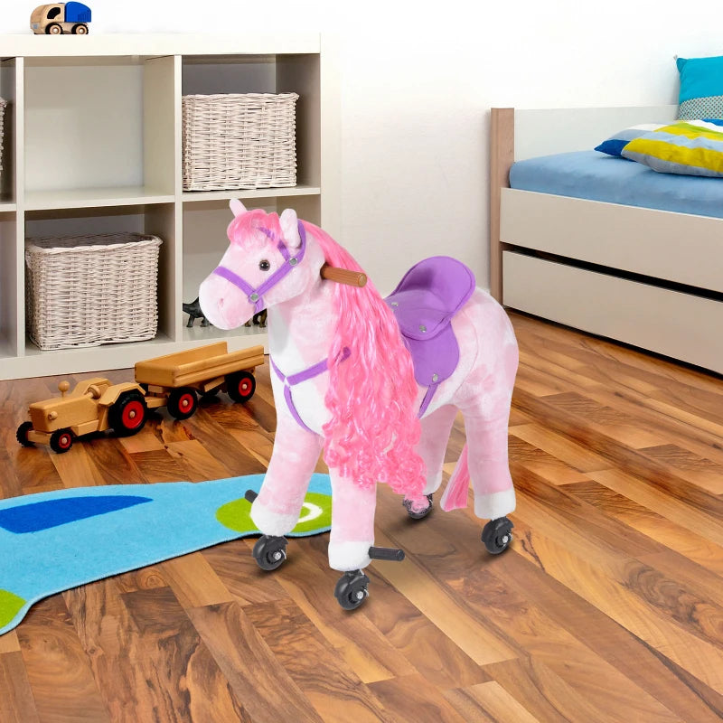 Plush Walking Horse Ride-On Toy with Wheels & Sounds - 50cm Pink Rocking Horse for Kids 2+ Years