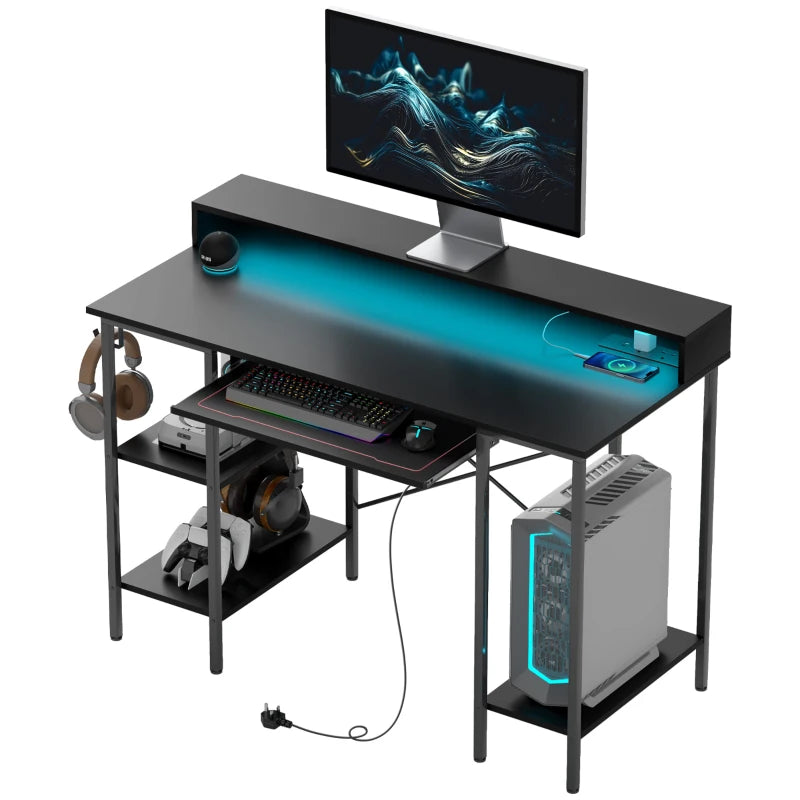 LED Gaming Computer Desk with Power Outlets, 120x55 cm, Monitor Stand, Sliding Keyboard Tray & Storage Shelves - Black