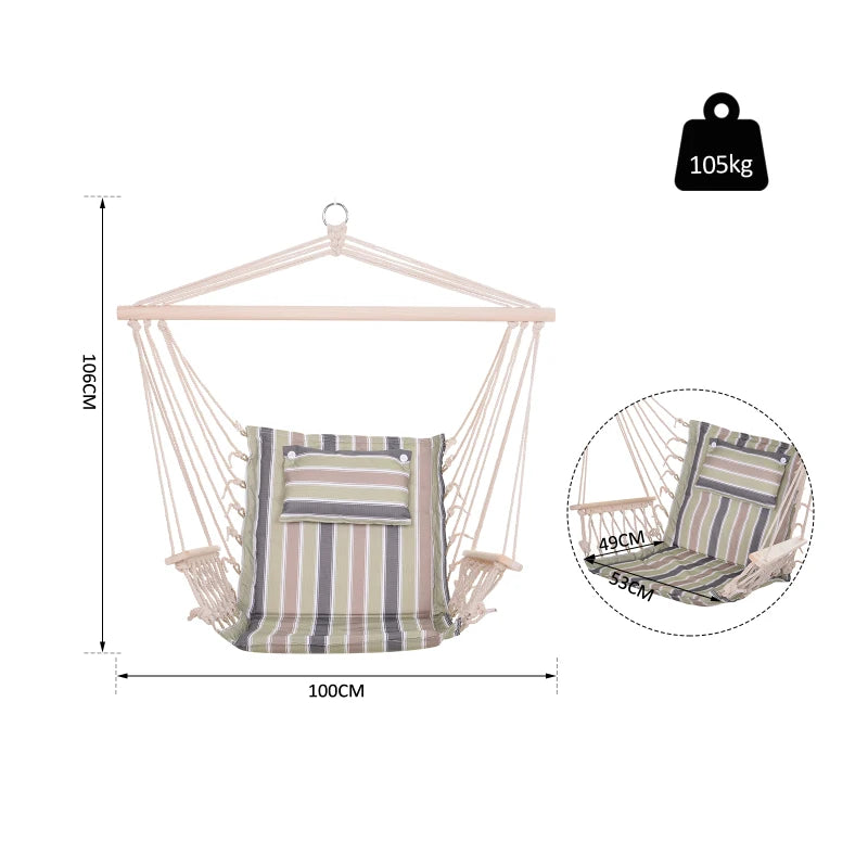 Multicoloured Striped Hanging Hammock Chair with Wooden Arms