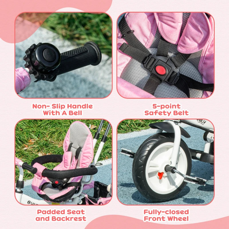 6 in 1 Kids Trike Push Bike with Canopy Safety Belt Storage for Ages 1-5 Pink
