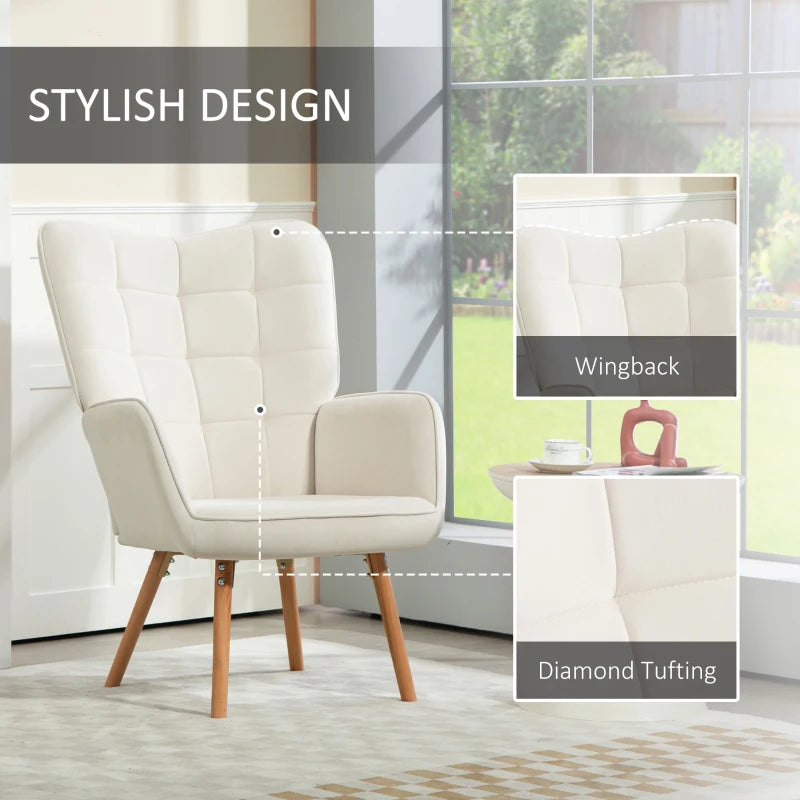 Modern Velvet Accent Chair Set of 2 - Tufted Wingback Armchairs, Cream White Upholstered Lounge Chairs with Wood Legs