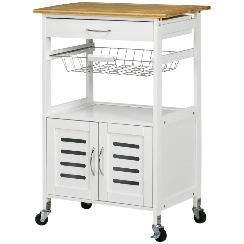 Rolling Kitchen Island Trolley Cart with Bamboo Top, Storage Cabinet, Drawer & Wire Basket - Mobile Utility Cart on Wheels