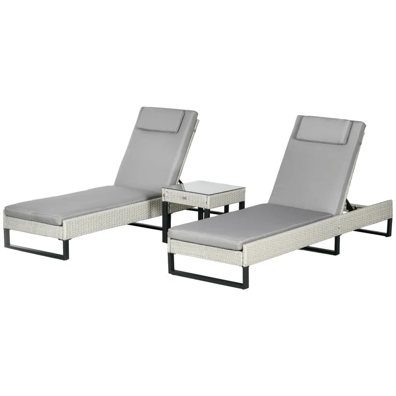 3 Piece Rattan Sun Lounger Set Adjustable Recliner Chaise Lounge Chair Coffee Table Light Grey