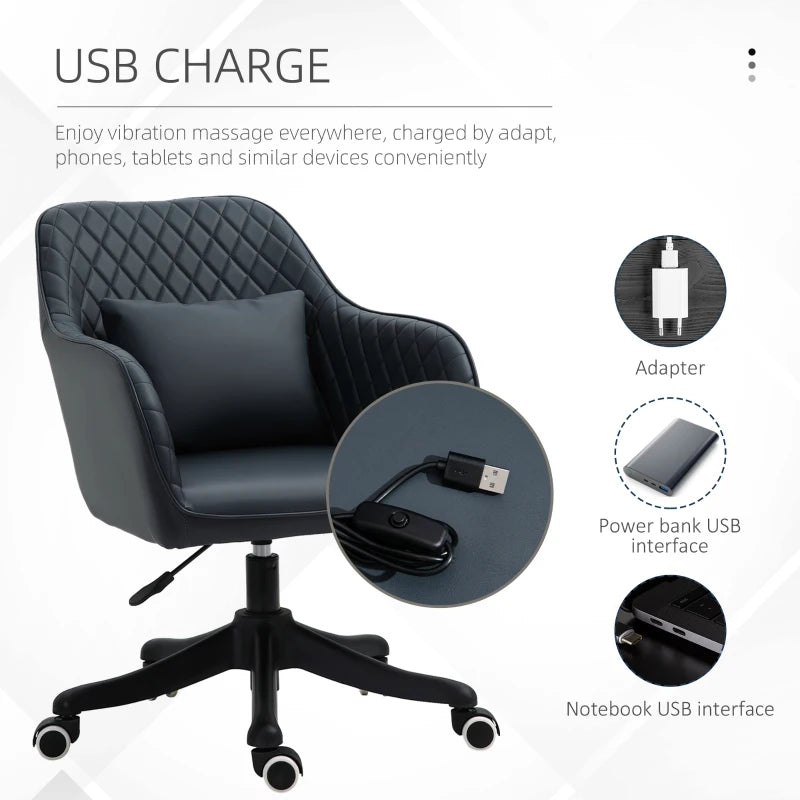 Vinsetto Deep Blue PU Leather Office Chair with Massage Lumbar Pillow, Rolling Wheels - Ideal for Desk, Makeup Vanity & Home