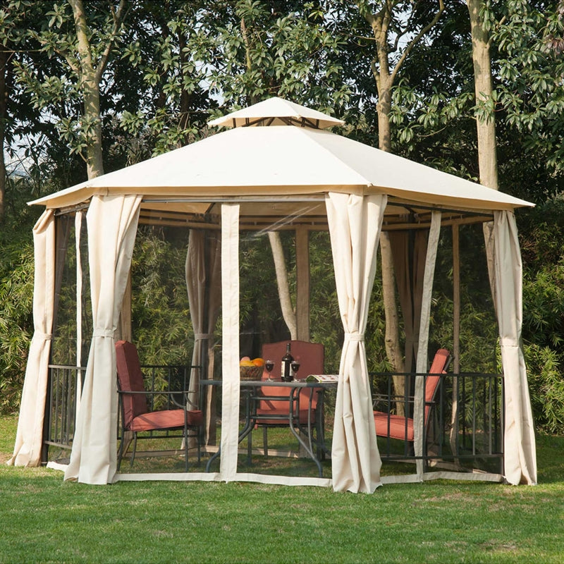 Beige 3m x 3m Hexagonal Gazebo With Curtains