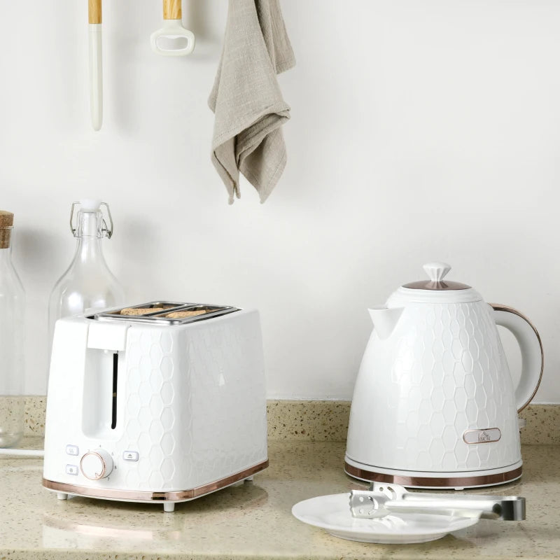 1.7L 3000W Fast Boil Kettle & 2 Slice Toaster Set - Auto Shut Off, Browning Controls, Stylish White Finish