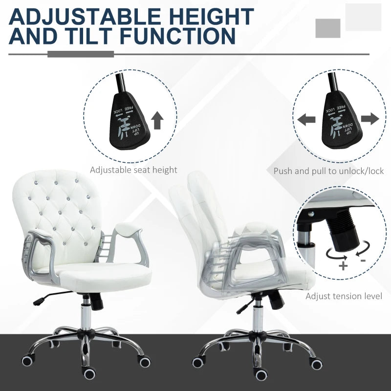 Ergonomic 360 Degree Swivel Office Chair with PU Diamante Padding and 5 Castor Wheels for Home and Work in White