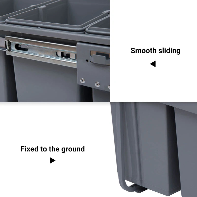 40L Pull Out Kitchen Recycling Bin with Soft Close - Grey Trash Can (1x20L + 2x10L) for Cabinets