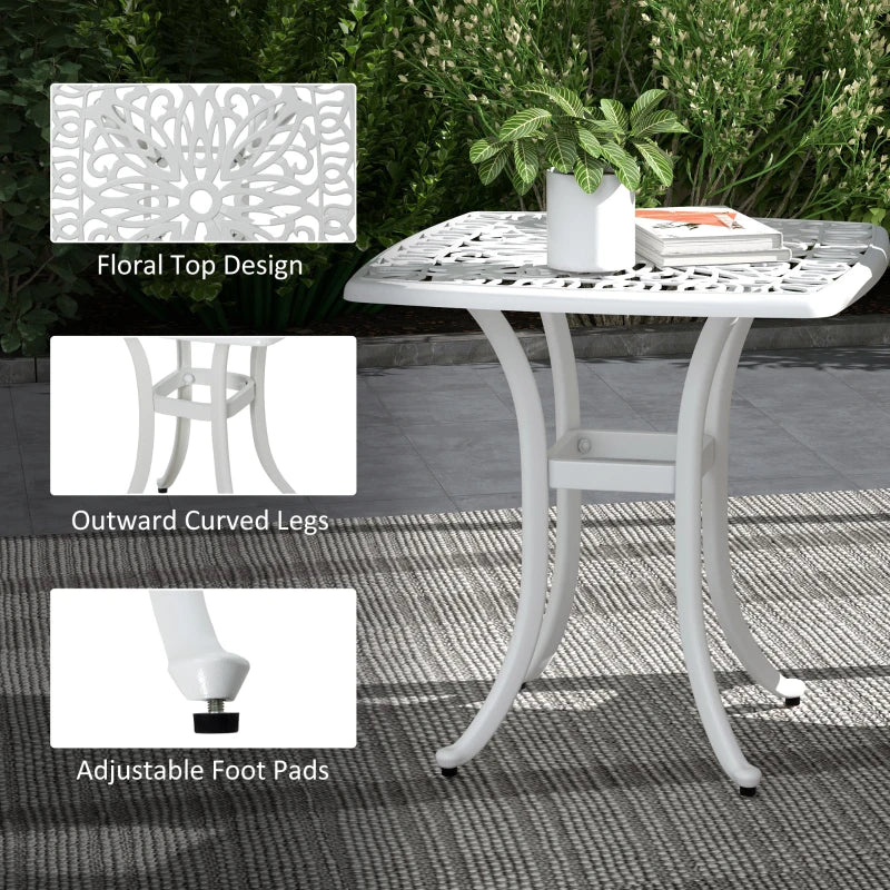 Square White Cast Aluminium Bistro Table with Umbrella Hole - Outdoor Garden Side Table for Balcony (Size: 60cm)