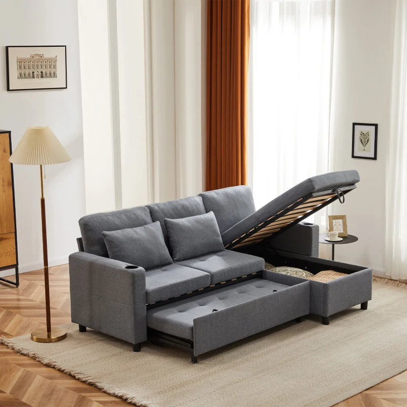 L-Shaped Linen Look Corner Sofa Bed with Storage, 3 Seater Pull-Out Settee, Grey, 212x141x87.5 cm