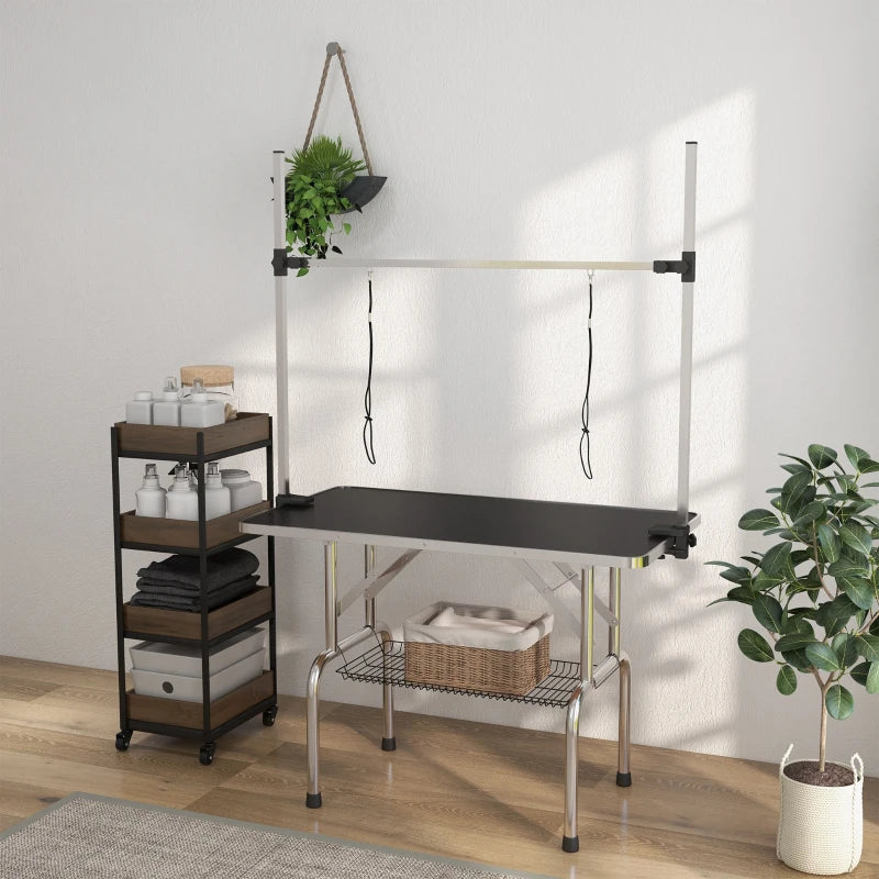42" Adjustable Dog Grooming Table with Rubber Top, 2 Loops & Storage Basket - Perfect for Cats & Dogs, Black