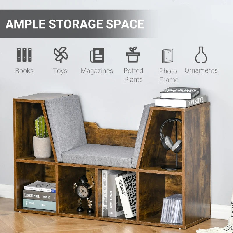 Rustic Brown Bookcase Storage Shelf with Cushioned Reading Seat - Cube Bookshelf Organizer for Bedroom & Living Room