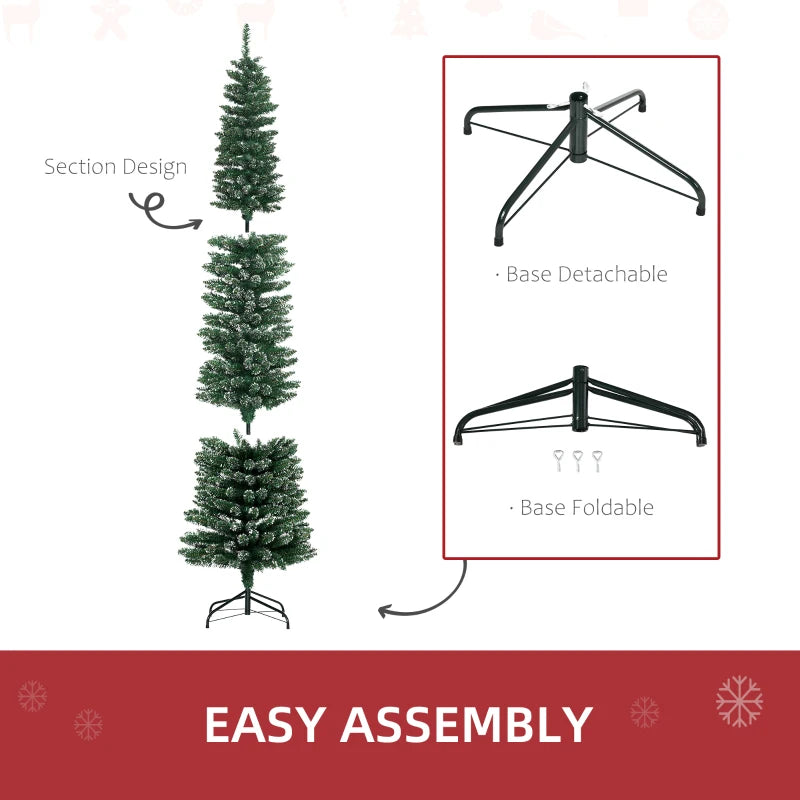 7.5FT Snow Dipped Christmas Pencil Tree - Foldable Black Stand, Green Holiday Indoor Decoration for Festive Home Decor